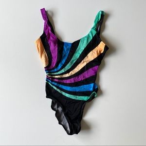 Vintage 80s Black Stripe One Piece Swimsuit M L